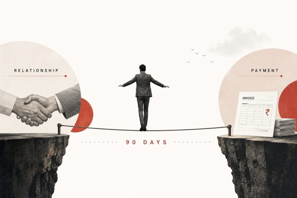 Blog Image - A business owner is balancing, struggling between client relationship and due payments